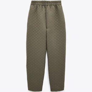 Zara women’s khaki green quilted high rise pull on trouser pants size medium
